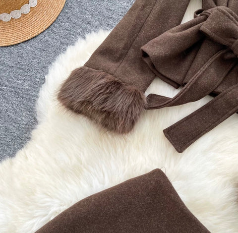 Furry-collar Coat & Skirt Thermal 2Pcs