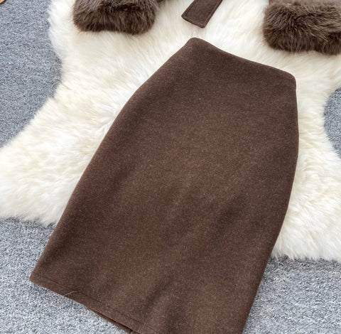 Furry-collar Coat & Skirt Thermal 2Pcs