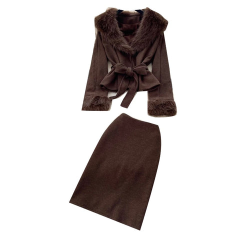Furry-collar Coat & Skirt Thermal 2Pcs