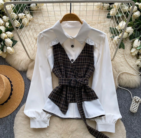 Faux Two-pieces Plaid Shirt