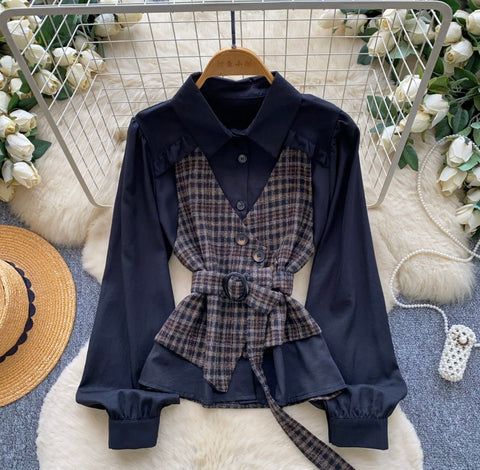 Faux Two-pieces Plaid Shirt