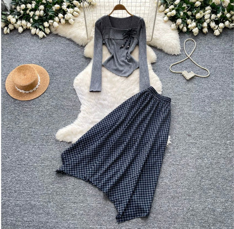 Asymmetric Top & Plaid Skirt 2Pcs