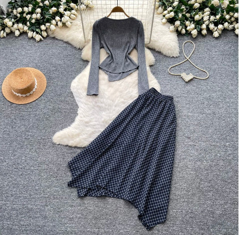 Asymmetric Top & Plaid Skirt 2Pcs