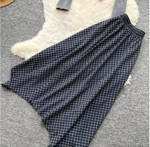 Asymmetric Top & Plaid Skirt 2Pcs