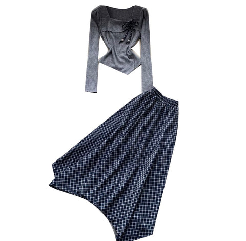 Asymmetric Top & Plaid Skirt 2Pcs