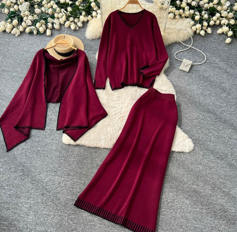 Shawl & Sweater & Skirt Knit 3Pcs