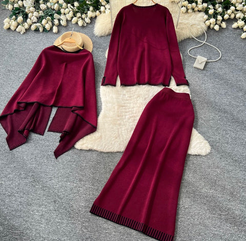 Shawl & Sweater & Skirt Knit 3Pcs