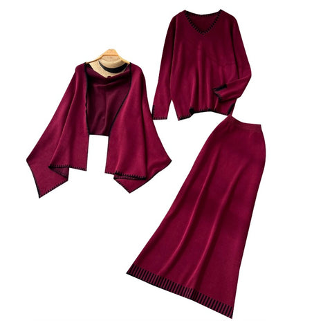 Shawl & Sweater & Skirt Knit 3Pcs