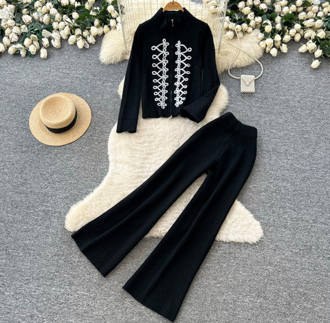 Embroidered Cardigan & Trousers 2Pcs