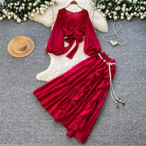 V-neck Shirt & Ruffled Skirt 2Pcs