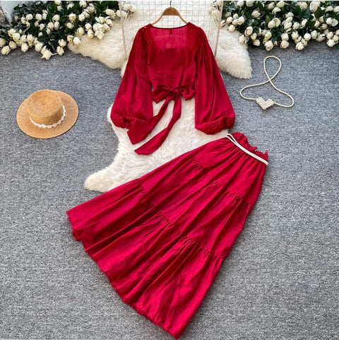 V-neck Shirt & Ruffled Skirt 2Pcs