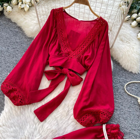 V-neck Shirt & Ruffled Skirt 2Pcs