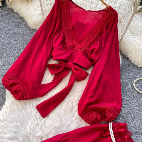 V-neck Shirt & Ruffled Skirt 2Pcs