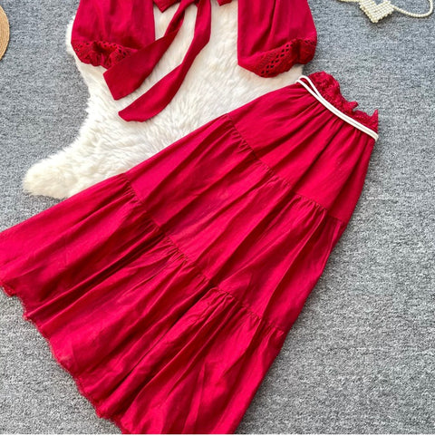 V-neck Shirt & Ruffled Skirt 2Pcs