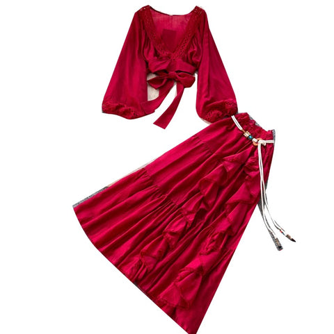V-neck Shirt & Ruffled Skirt 2Pcs