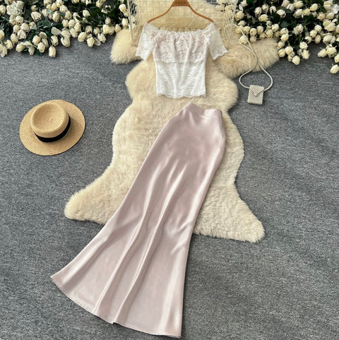 White Lace Top & Satin Skirt 2Pcs
