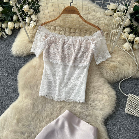 White Lace Top & Satin Skirt 2Pcs