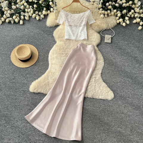 White Lace Top & Satin Skirt 2Pcs