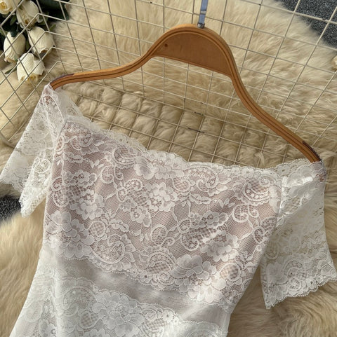 White Lace Top & Satin Skirt 2Pcs