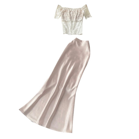 White Lace Top & Satin Skirt 2Pcs