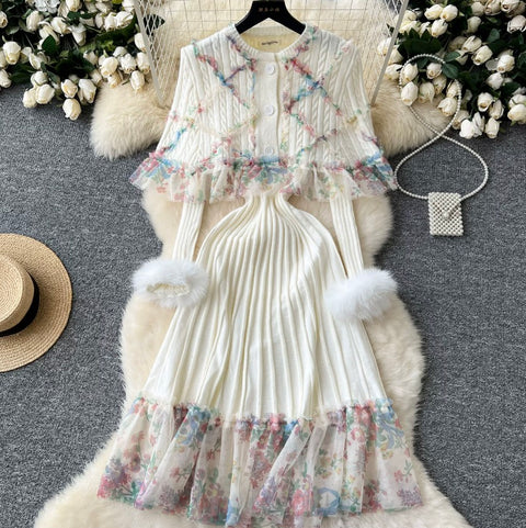 Floral Shawl & Knitted Dress 2Pcs