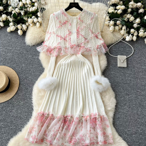 Floral Shawl & Knitted Dress 2Pcs