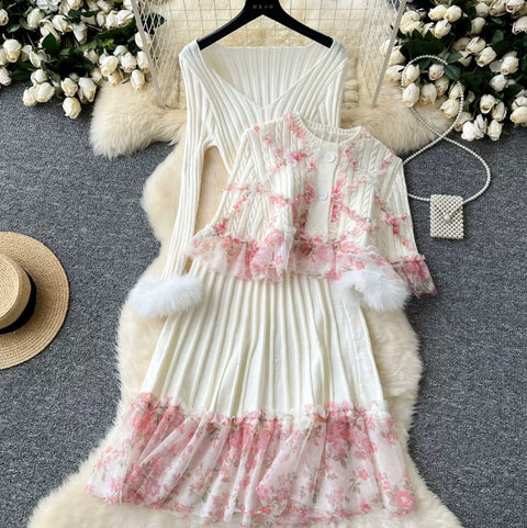 Floral Shawl & Knitted Dress 2Pcs