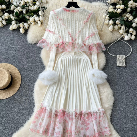 Floral Shawl & Knitted Dress 2Pcs