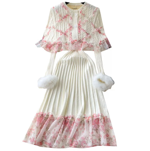 Floral Shawl & Knitted Dress 2Pcs
