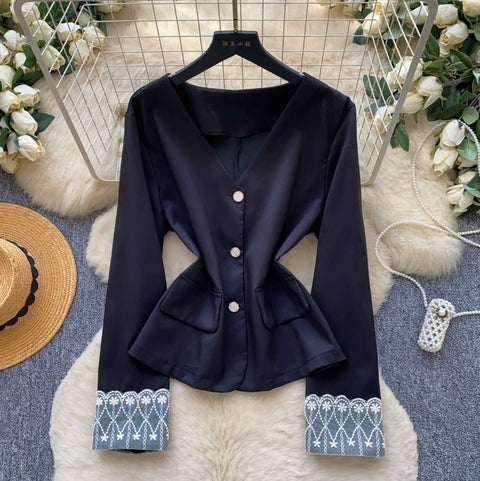 V-neck Lace Cuff Patchwork Shirt