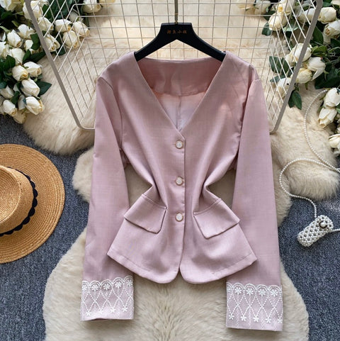 V-neck Lace Cuff Patchwork Shirt
