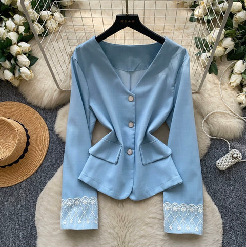 V-neck Lace Cuff Patchwork Shirt