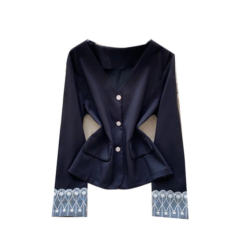 V-neck Lace Cuff Patchwork Shirt