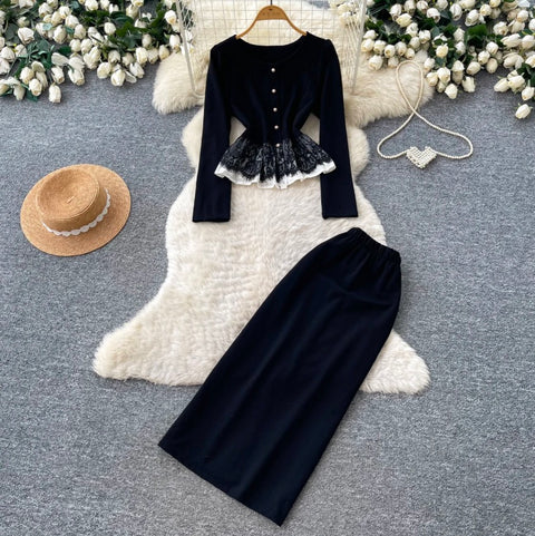 Lace Patchwork Shirt & Skirt 2Pcs