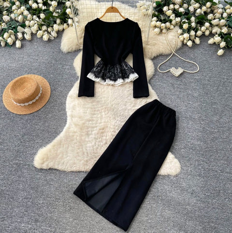 Lace Patchwork Shirt & Skirt 2Pcs