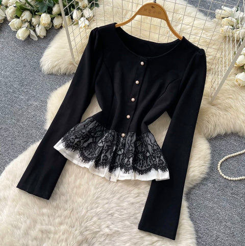 Lace Patchwork Shirt & Skirt 2Pcs