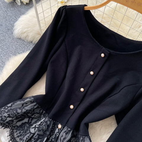 Lace Patchwork Shirt & Skirt 2Pcs