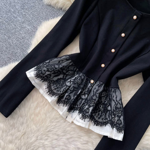 Lace Patchwork Shirt & Skirt 2Pcs