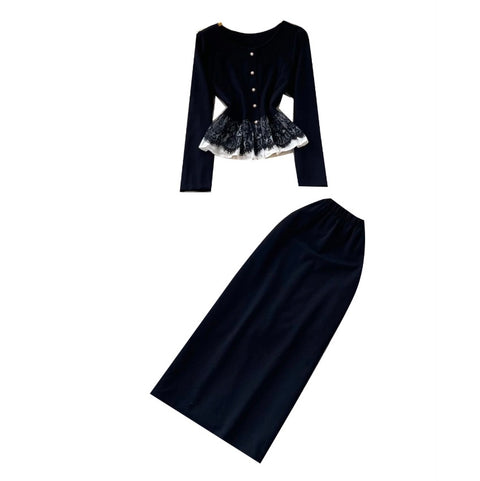 Lace Patchwork Shirt & Skirt 2Pcs