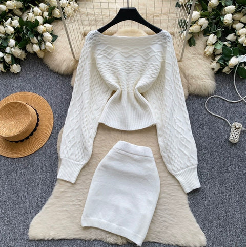 Off-shoulder Knitwear & Skirt 2Pcs