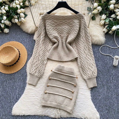 Off-shoulder Knitwear & Skirt 2Pcs