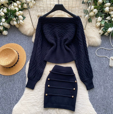 Off-shoulder Knitwear & Skirt 2Pcs