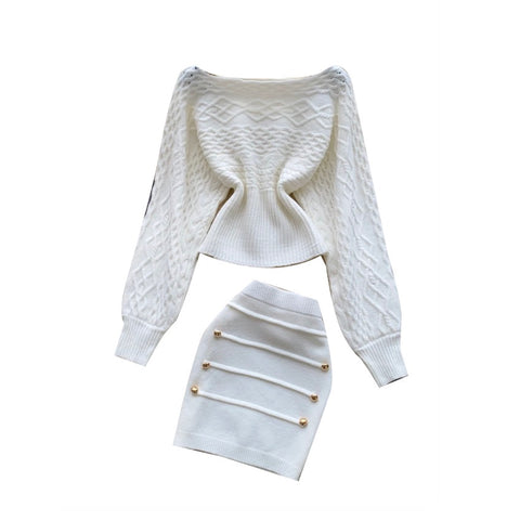 Off-shoulder Knitwear & Skirt 2Pcs