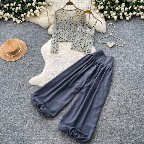 Printed Cardigan & Camisole & Trousers 3Pcs