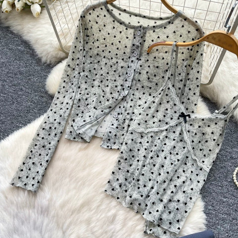 Printed Cardigan & Camisole & Trousers 3Pcs