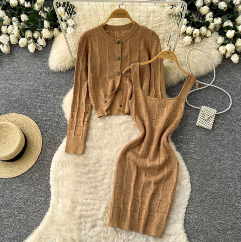 Cardigan & Vest Dress Coffee Knit 2Pcs