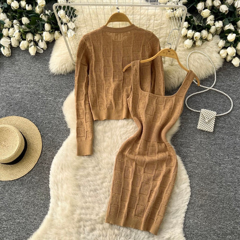 Cardigan & Vest Dress Coffee Knit 2Pcs