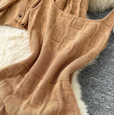 Cardigan & Vest Dress Coffee Knit 2Pcs