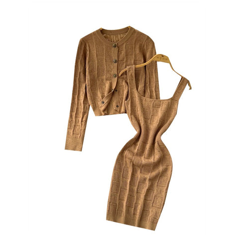 Cardigan & Vest Dress Coffee Knit 2Pcs