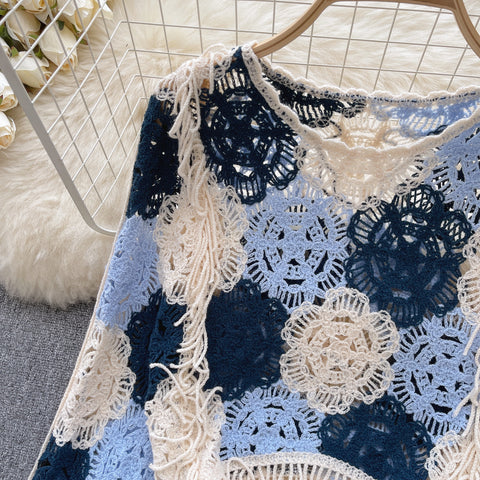 Flared Sleeve Hollowed Crochet Knitted Top